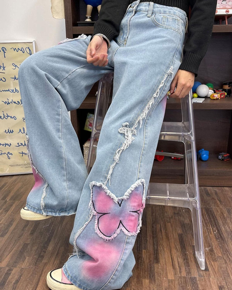 Pink Butterfly Wide Leg Jeans Maxct