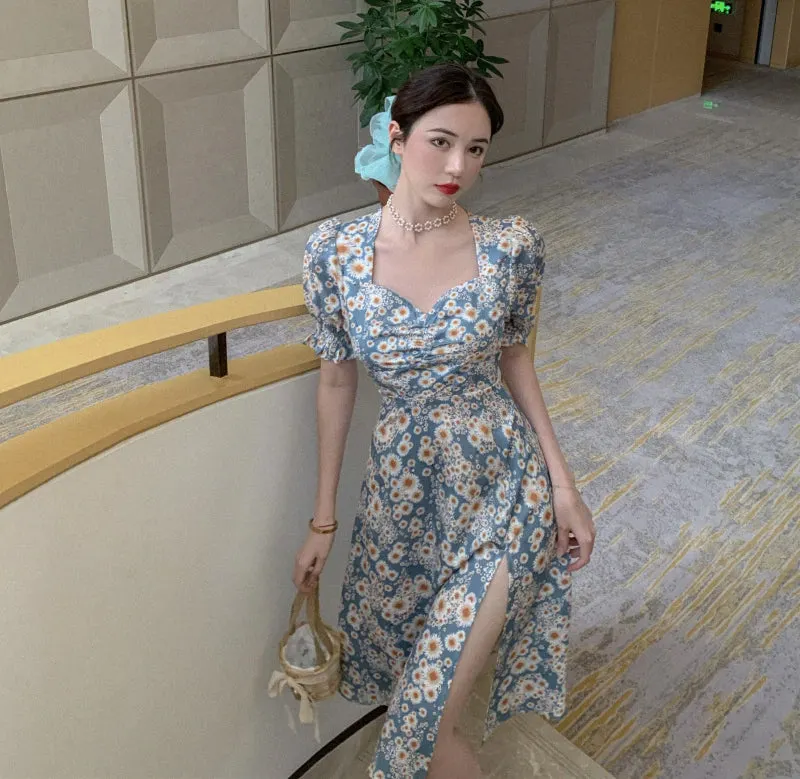 Flowers Pattern Puff Sleeve Split Dress Maxct