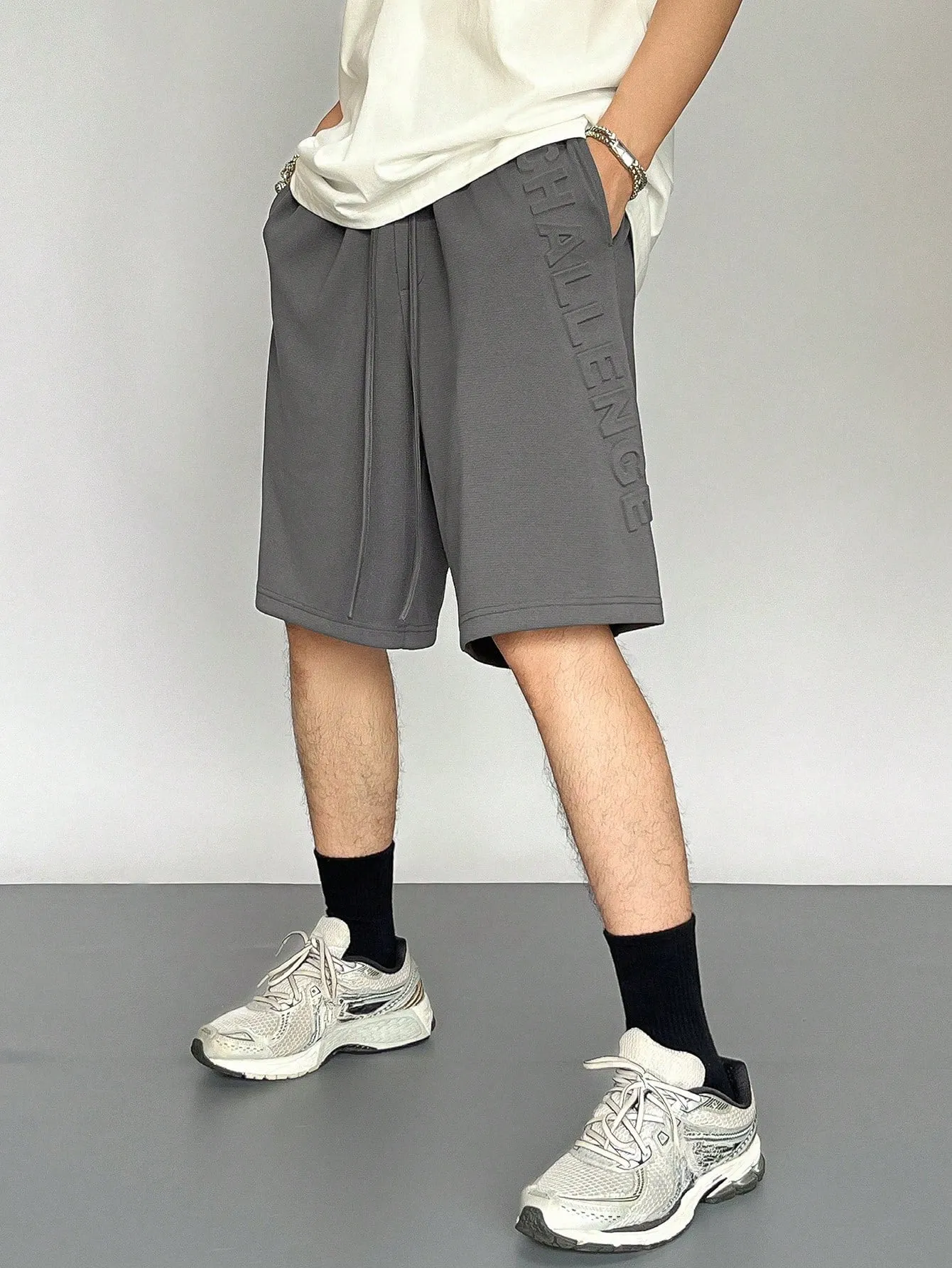 Maxct Men Summer Solid Color Drawstring Shorts With Letter Print