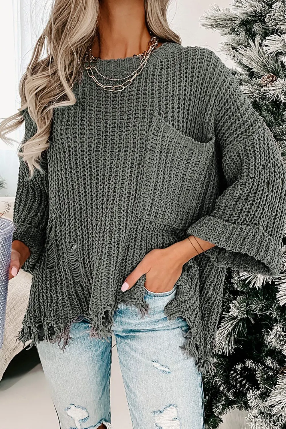 Maxct &Distressed Round Neck Drop Shoulder Sweater
