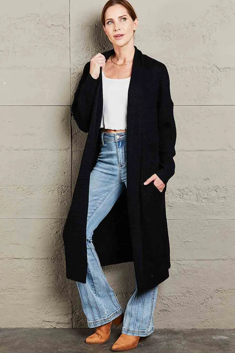 Maxct &Double Take Waffle Knit Open Front Duster Cardigan With Pockets