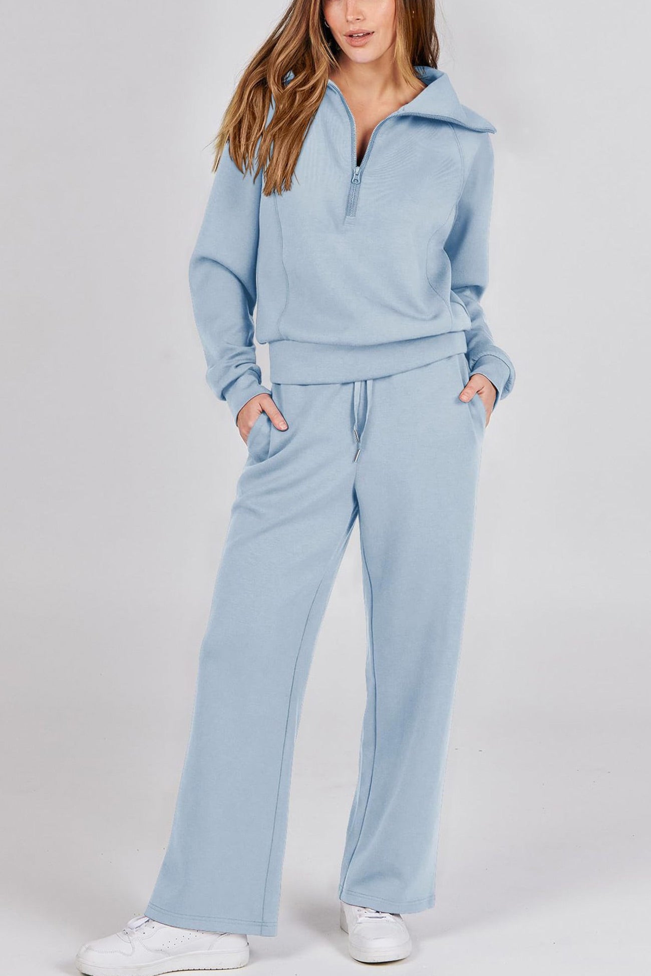 Maxct Lapel Zip-up Sweatshirt Wide Leg Long Pants Set