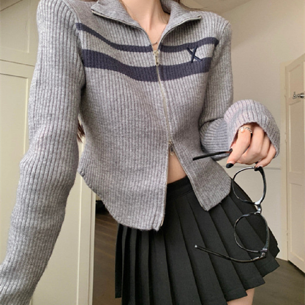 Maxct Vintage Striped Zip Up Cropped Cardigan