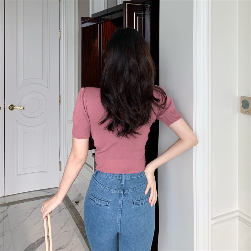 Maxct Puff Short Sleeve V-neck Knitted T-shirts Girls Solid Stretchy Crop Tops Thin Knitwear For Women