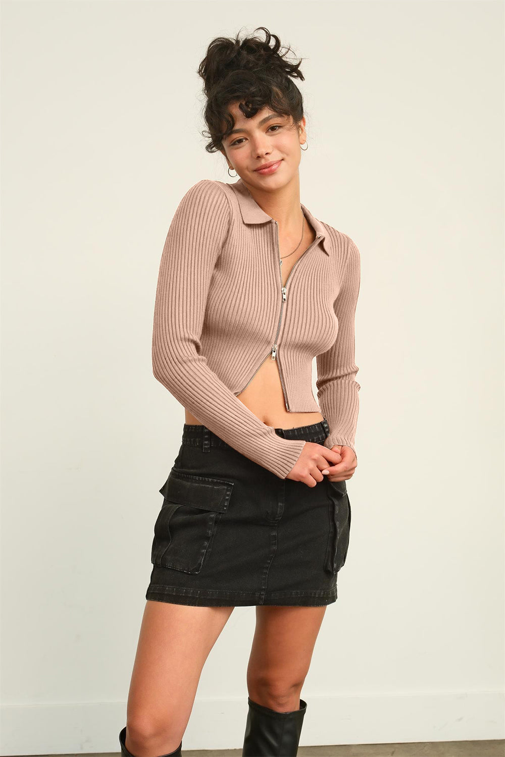 Maxct &HYFVE Ribbed Double Zip Cropped Cardigan