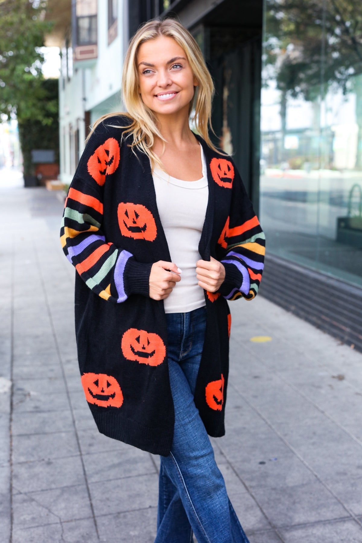 Maxct &Pumpkin Multicolor Stripe Jacquard Knit Open Cardigan