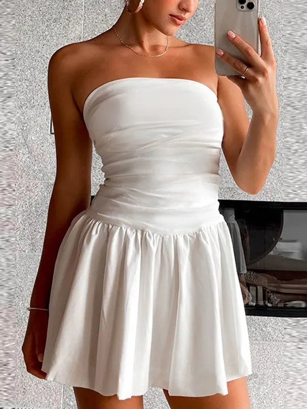 Smocked Back Ruched Bandeau Mini Dress Maxct