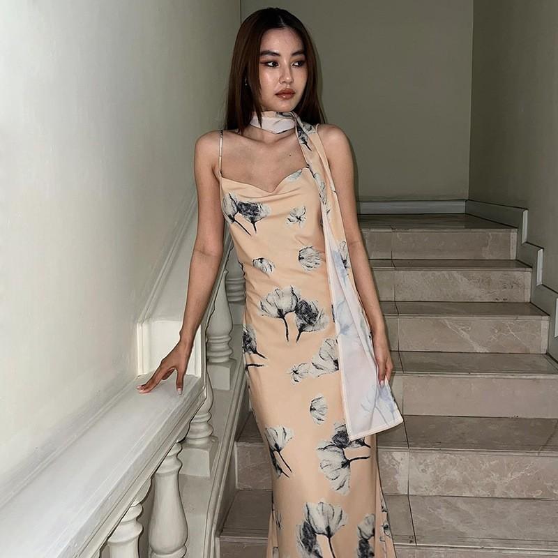 Maxct Style Hot Women's 2024 Summer New Fashion Printing Sexy Backless Lace Dress Foreign Trade Wholese