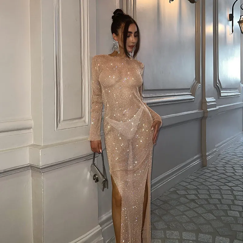 Sexy See Through Sheer Mesh Dress Elegant Solid Color Diamonds Slit Long Sleeves Dresses Party Club Lady Long Vestidos