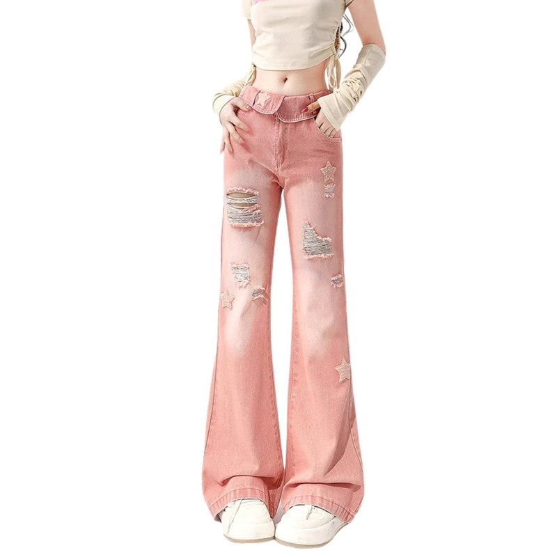 Pink Star Denim - Y2K High Waist Distressed Jeans for Women - true deals club