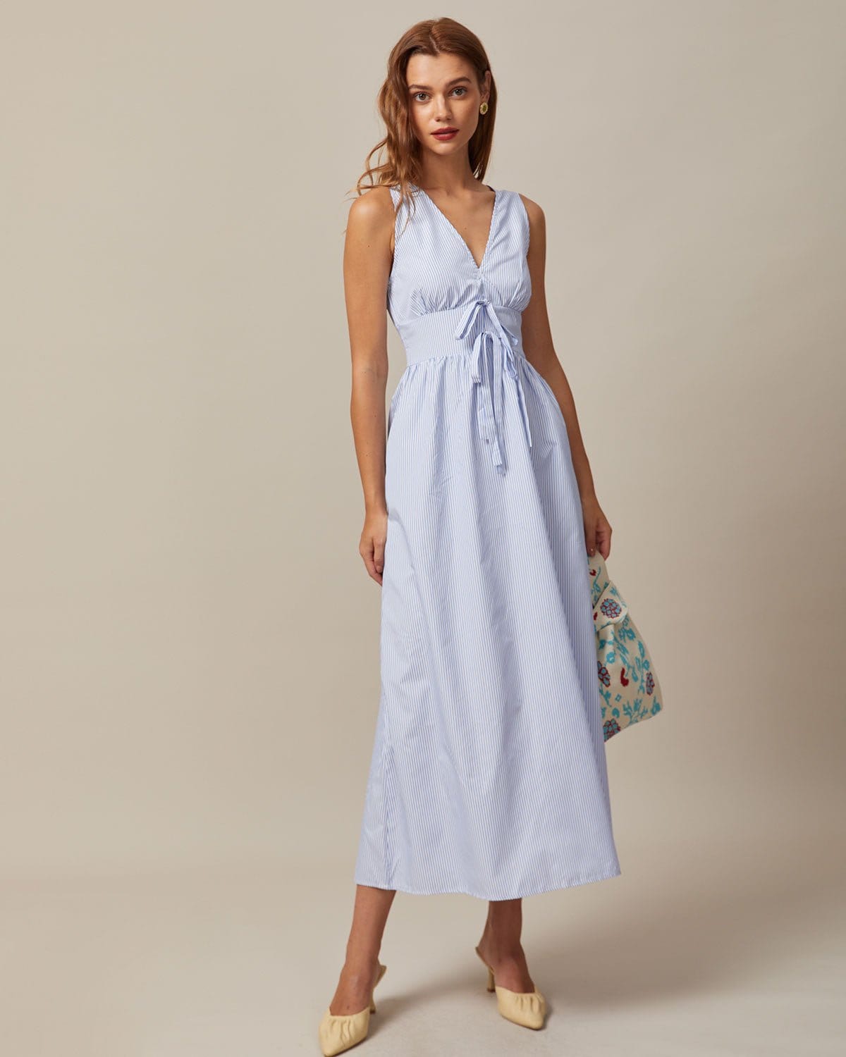 Maxct The Blue V Neck Shirred Striped Maxi Dress
