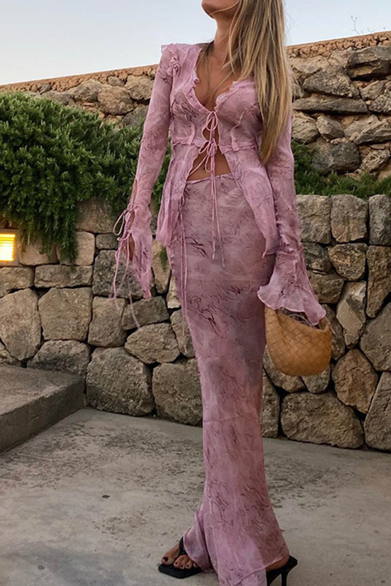 Maxct Mesh Printed Strappy Cardigan Skirt Suits