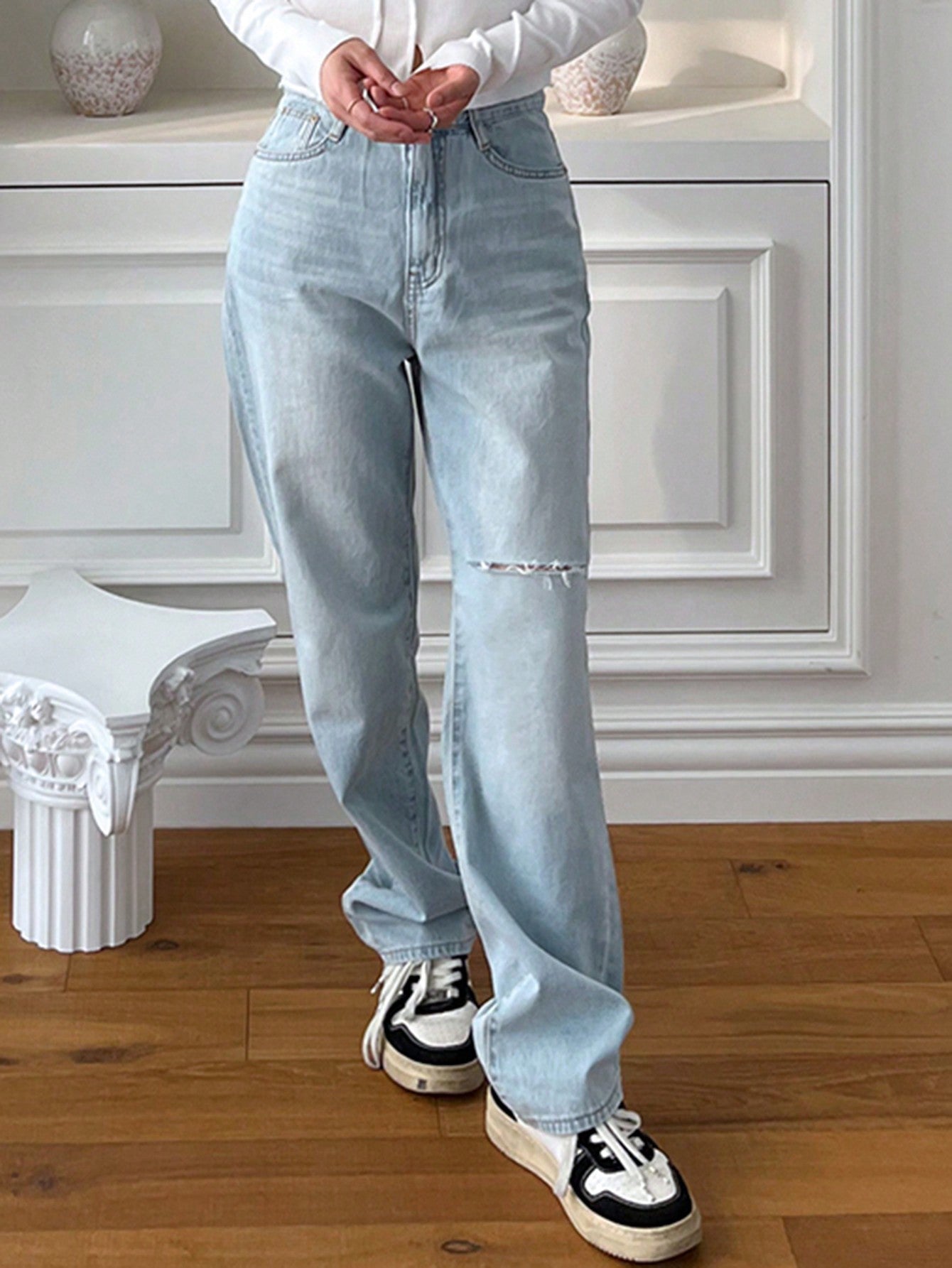 Maxct Ladies Solid Color Simple Style Denim Pants Trousers