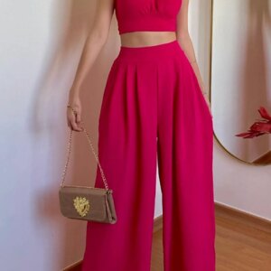 Maxct Halterneck Backless Tie Crop Top Wide Leg Pants Set