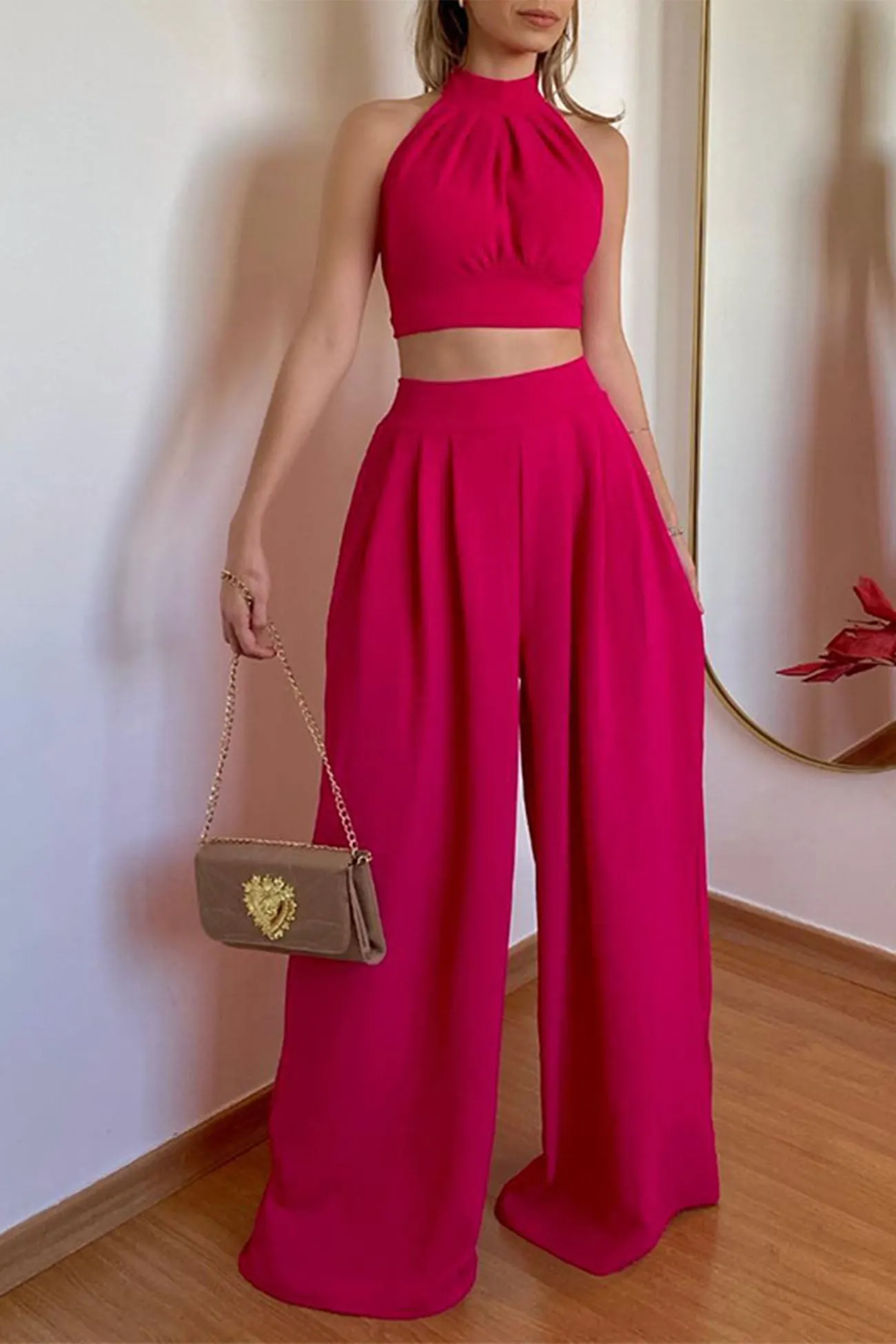 Maxct Halterneck Backless Tie Crop Top Wide Leg Pants Set