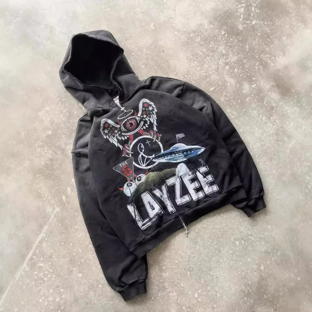 Maxct Y2k Winter Long Sleeved Hoodie Sweatshirt Oversized Winter Clothes Streetwear Y2k Vintage Punk Graffiti Print Top School Ootd