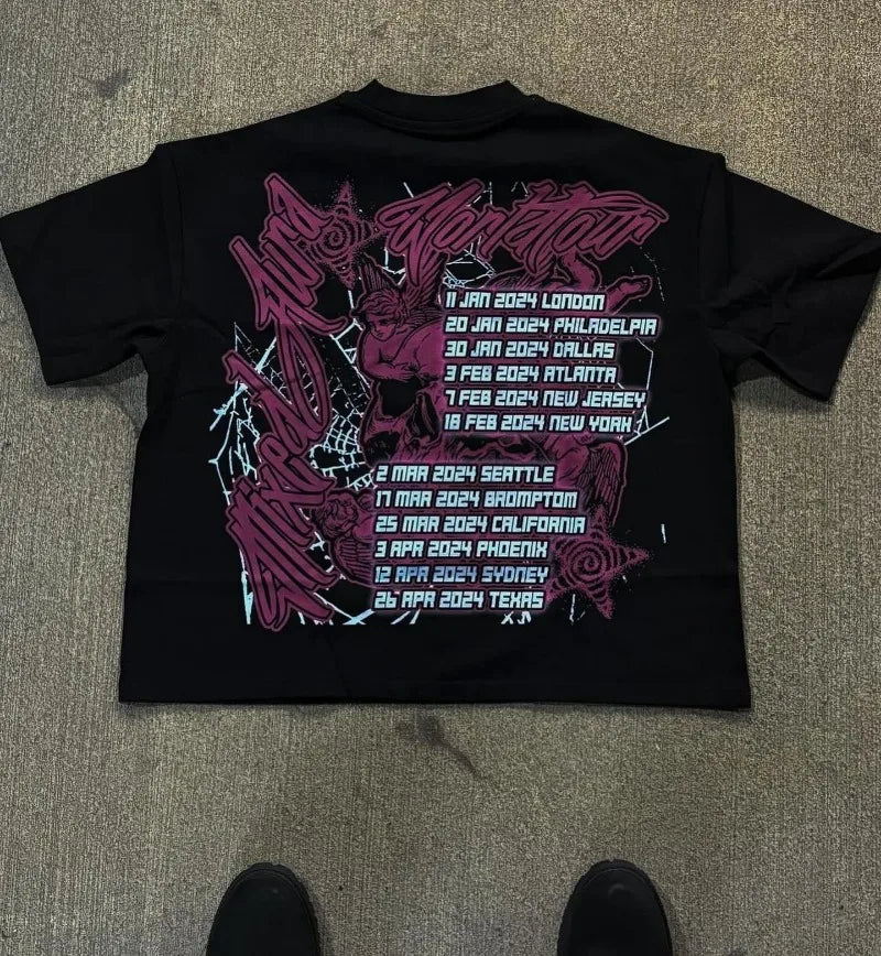 Maxct American Fashion Goth Big Head Cartoon Print Oversized T-Shirt Men's Y2K Street Hip-Hop Harajuku Loose Casual Couple Clothes