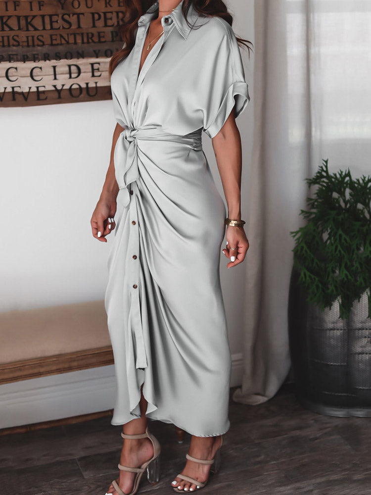Satin Pleated Bandage Shirt Dress Maxct
