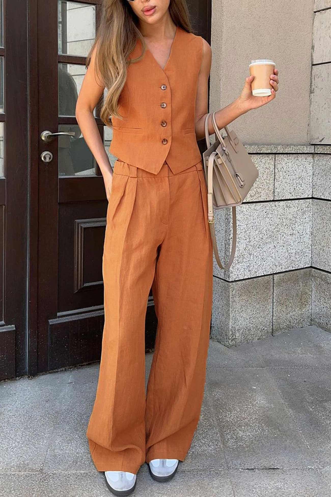 Maxct Cotton Linen Tank Top Pants Suits