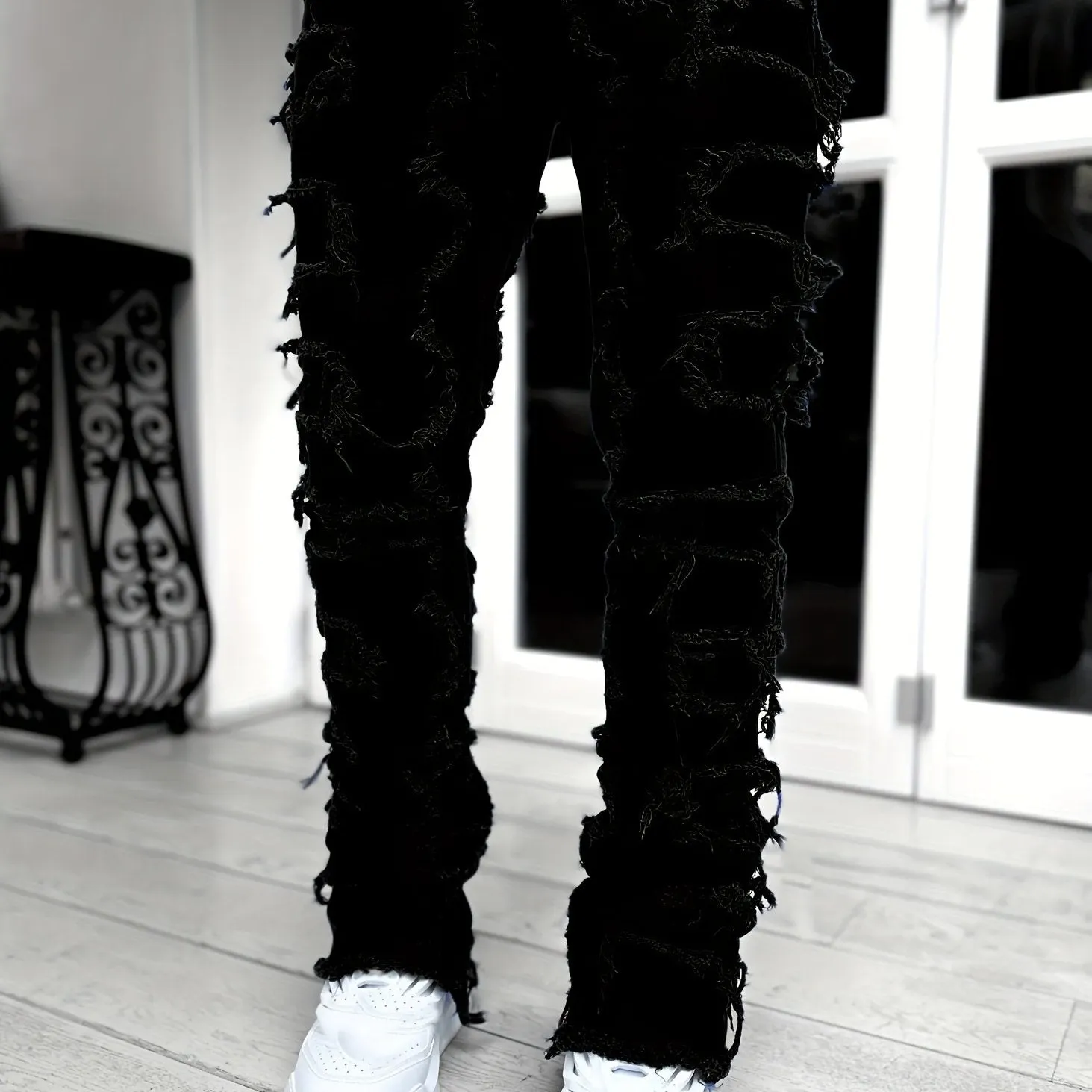 Maxct Creative Tassels Decoration Straight Fit Jeans, Men's Casual Medium Stretch Street Style Denim Pants For All Seasons