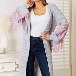 Maxct &Woven Right Fringe Sleeve Dropped Shoulder Cardigan