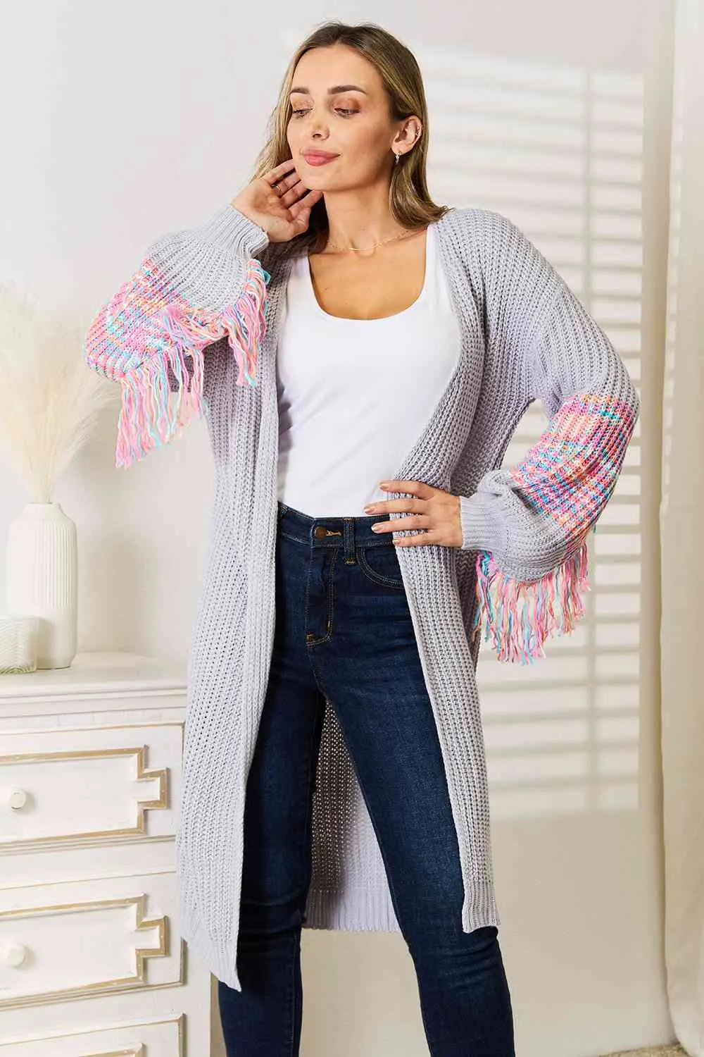 Maxct &Woven Right Fringe Sleeve Dropped Shoulder Cardigan