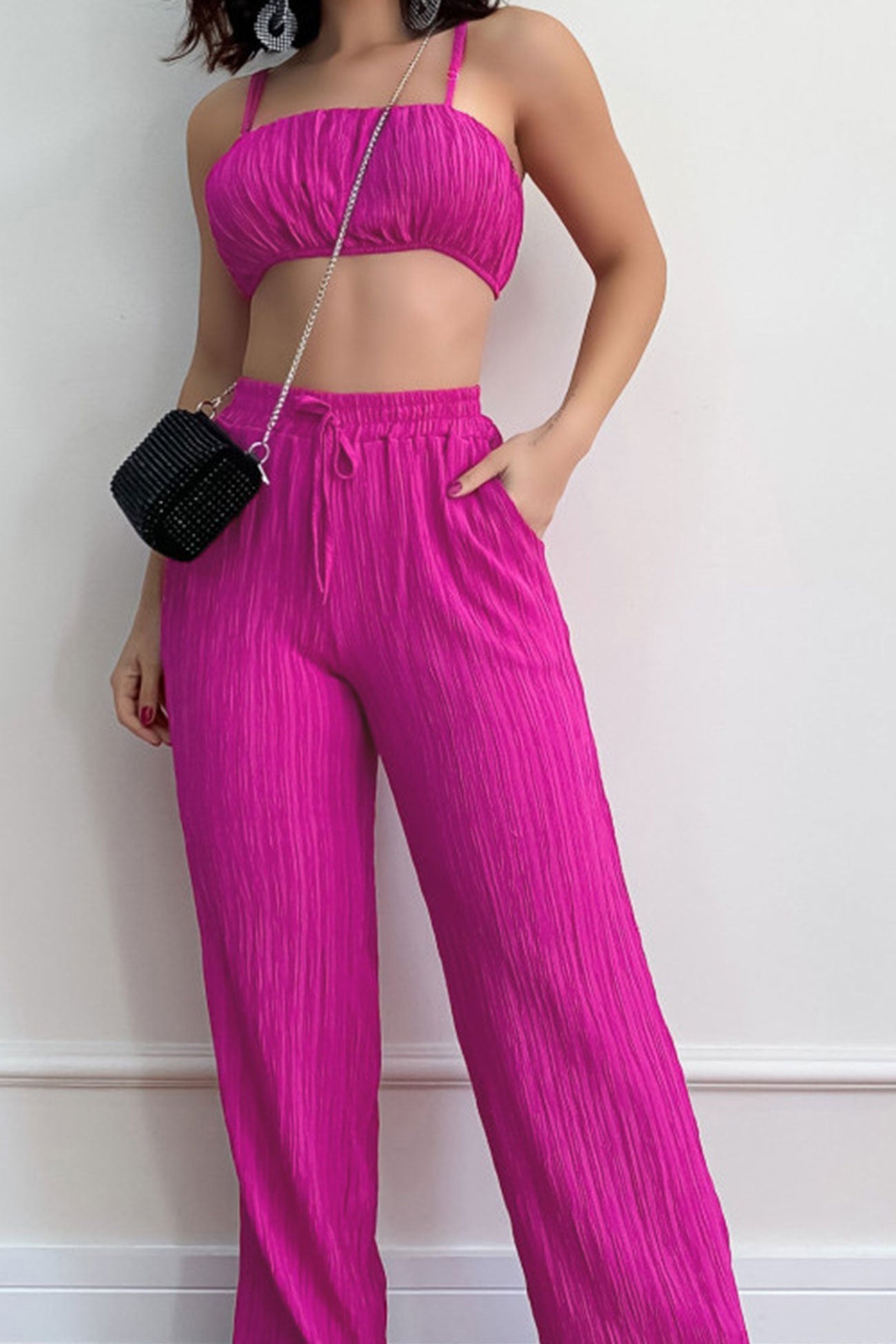 Maxct-Pleated Smocked Vest Drawstring Long Pants Suits