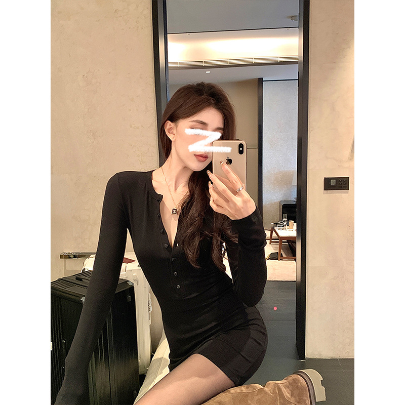 Maxct winter outfits men Half-Open Collar Knitted Dress Women's Spring and Autumn Hot Girl Tight Hip Skirt 657 - Image 3