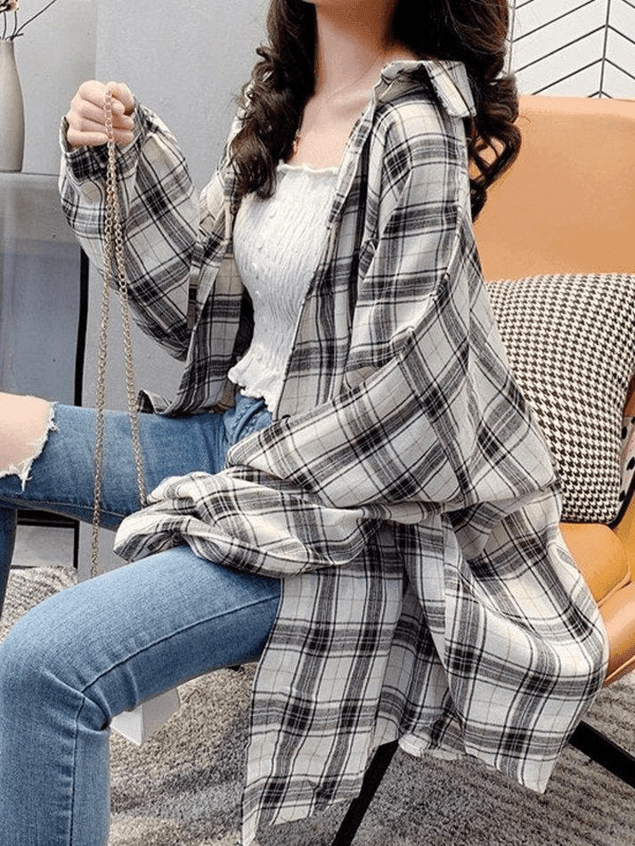 Maxct Checkered Baggy Long Sleeve Button Blouse