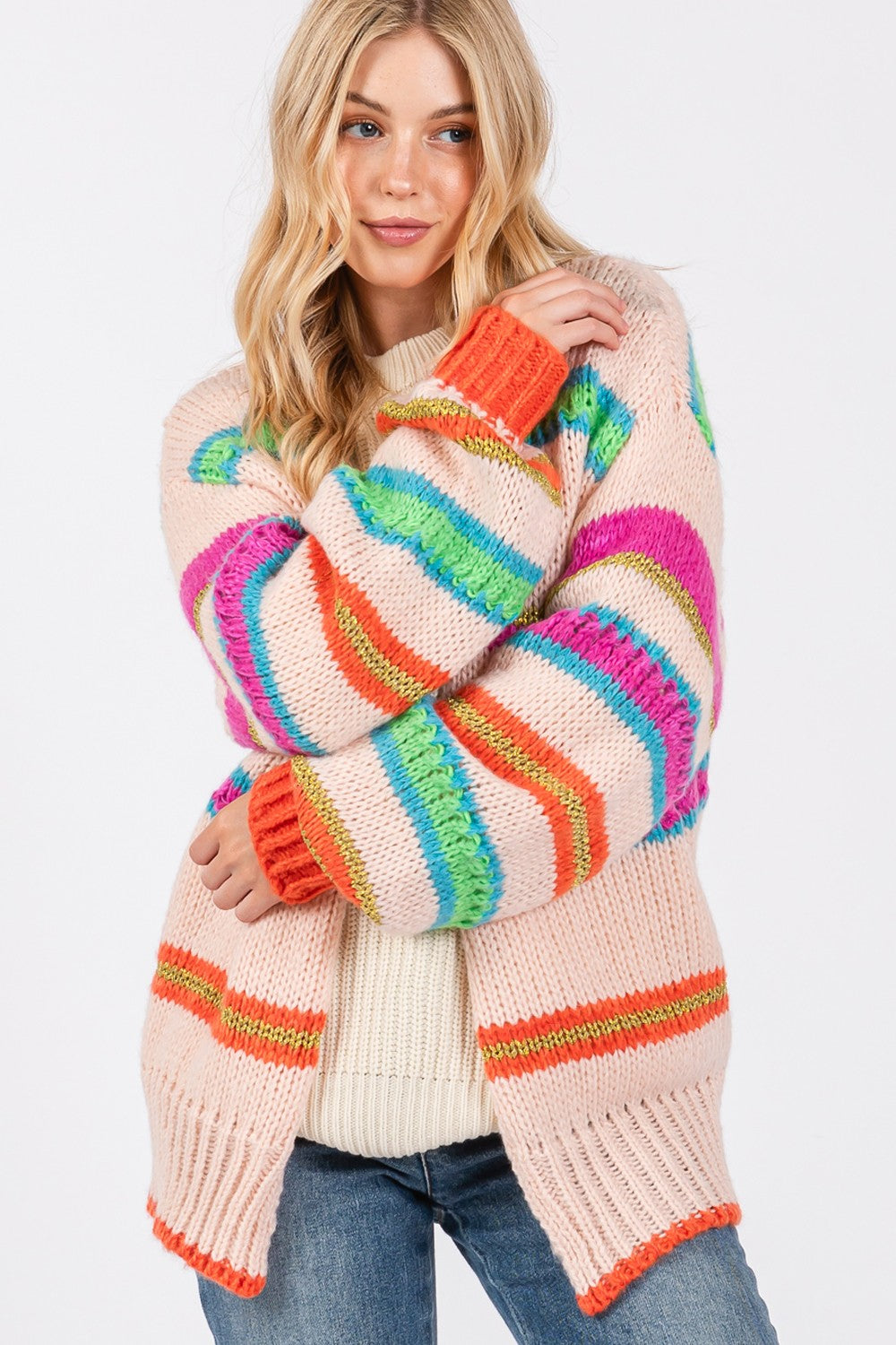 Maxct &SAGE + FIG Rainbow Striped Open Front Knit Cardigan
