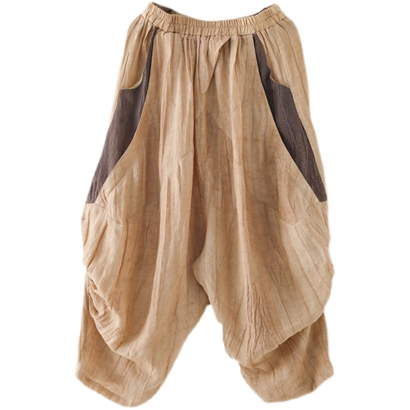 Women Loose Crinkled Color Block Linen Pants