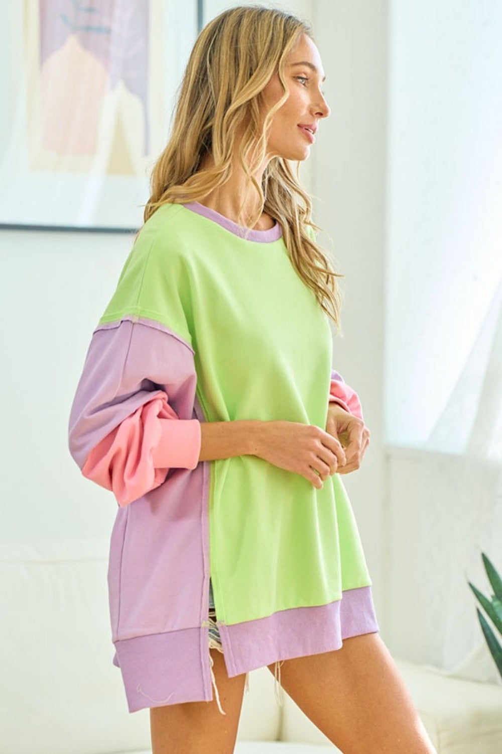 Maxct &First Love Color Block Long Sleeve Slit Sweatshirt