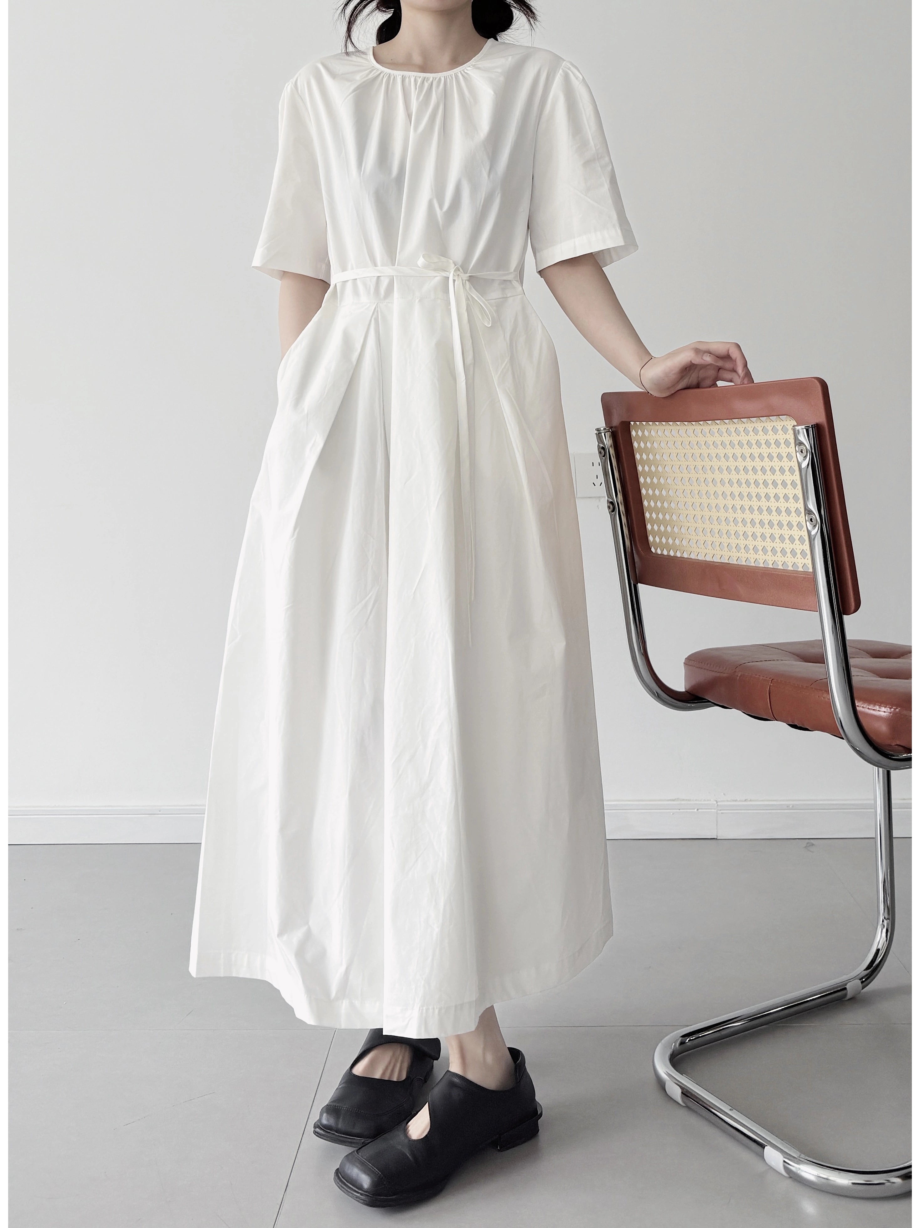 Maxct Fashionable Cotton Casual Round Neck Lace Up Dress