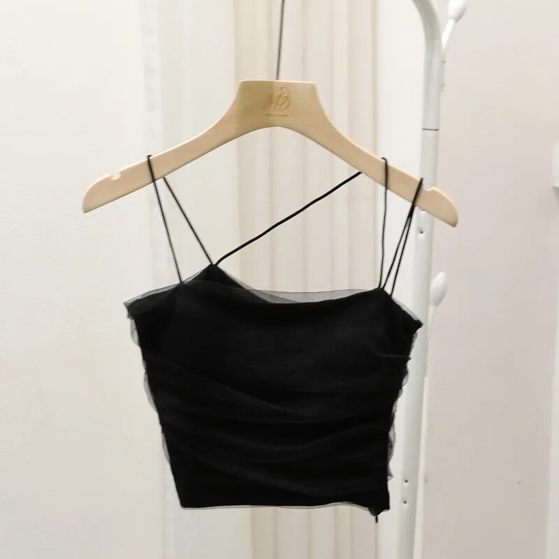 Maxct Mesh Camis Crop Top With Bra Girls Sweet Slim Padded Tube Tops Female Sided Zipper Tank Camisole