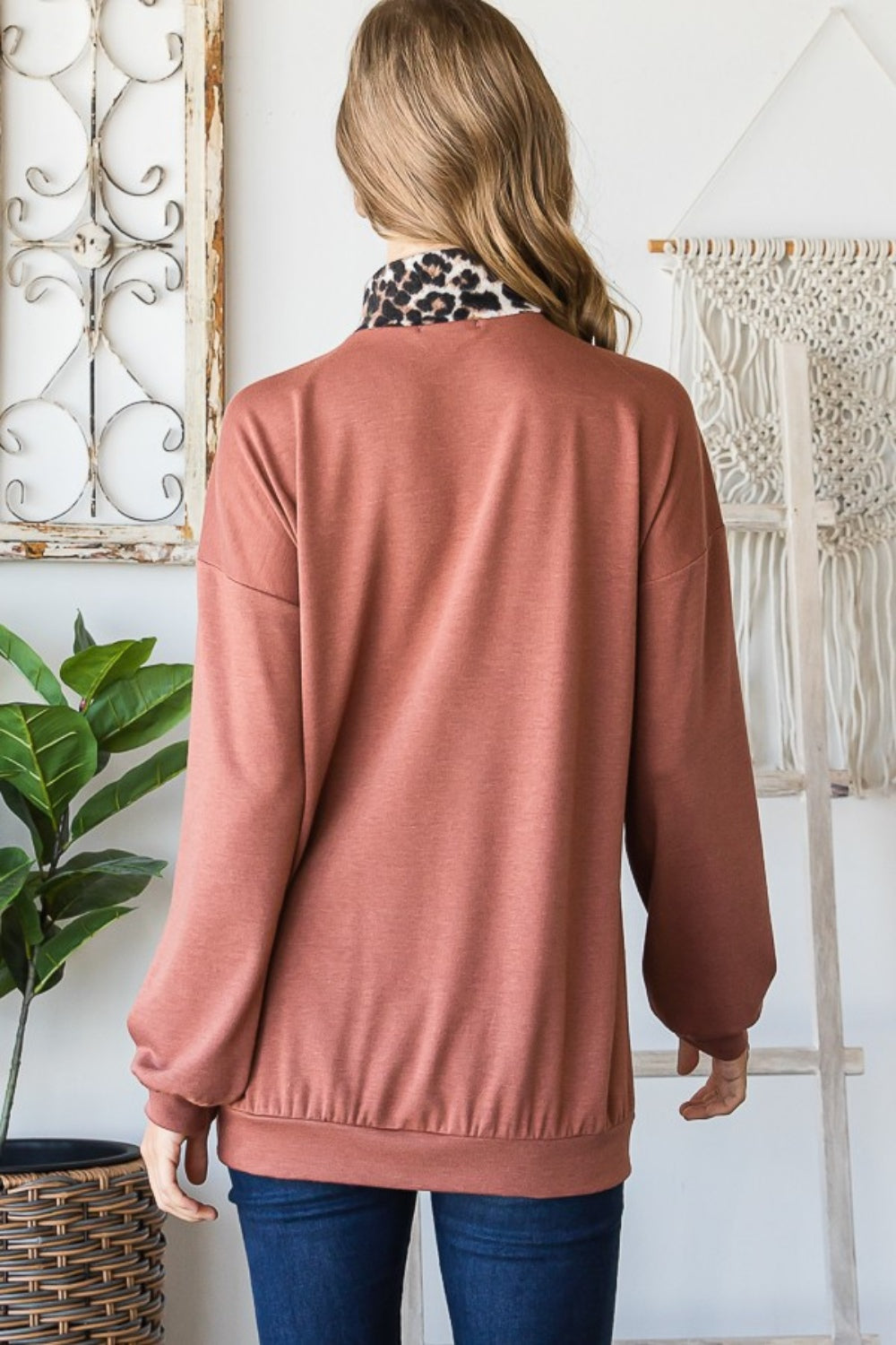 Maxct &Heimish Full Size Leopard Quarter Zip Mock Neck Sweatshirt