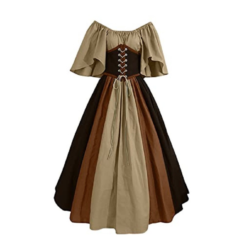 Maxct costume ideas Medieval Retro Contrast Color Slim Dress Flying Sleeve Large Swing Skirt off-Shoulder Dress Women's Cos Clothing Performance
