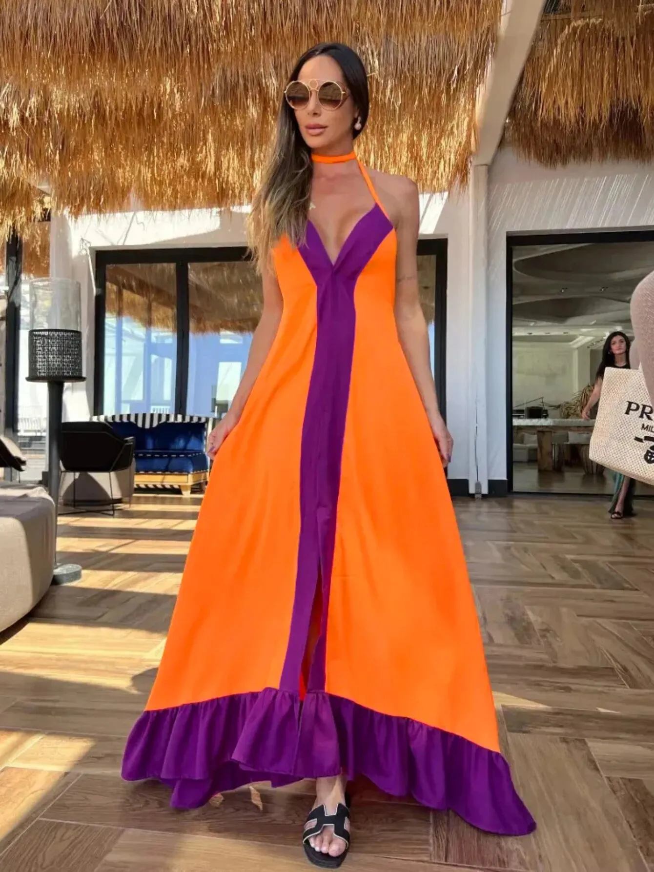 Maxct New Elegant Women Maxi Dress Halter Sleeveless Backless Casual Loose Robe Summer Beach Holiday Tie Up Dress