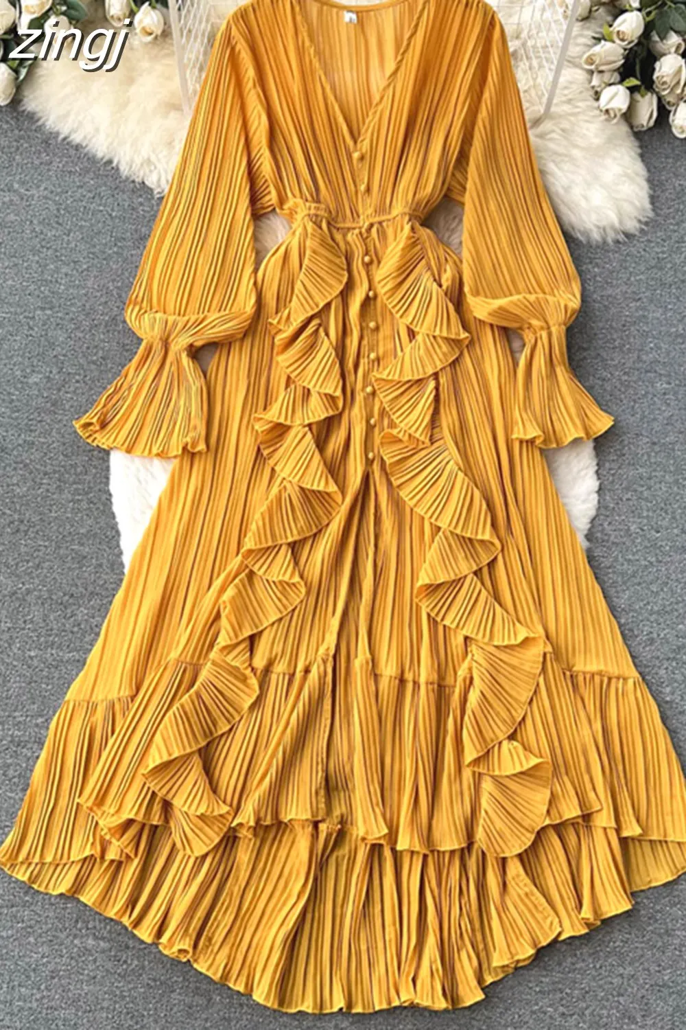 Maxct Maxct Chiffon Pleated Long Dress Women Vintage V-Neck Flare Sleeve Draped Ruffle Vestido Female Maxi Robe Spring Fall 1215-1