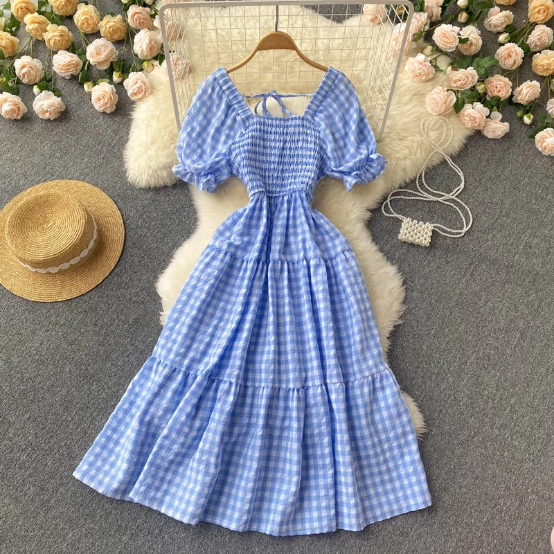 Puff Sleeve Gingham Tiered Dress Maxct