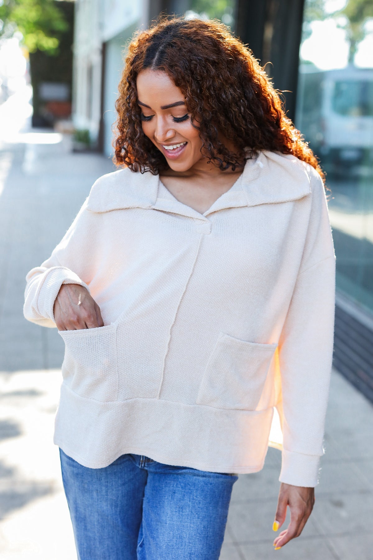 Maxct &Easy Living Oatmeal Textured Knit Notch Neck Oversized Collar Sweater
