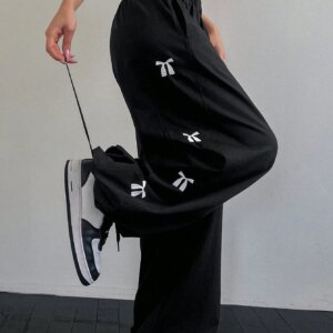 Maxct Women Wide Leg Embroidered Casual Sweatpants With Bowknot And Drawstring