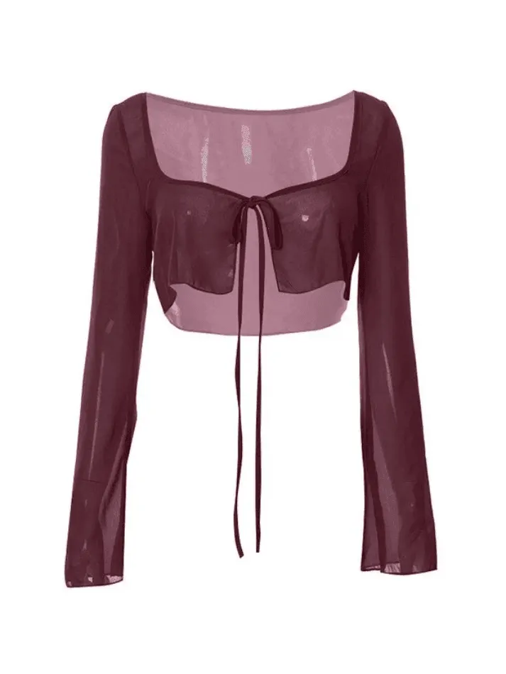 Maxct Tie Front Cropped Mesh Long Sleeve Blouse