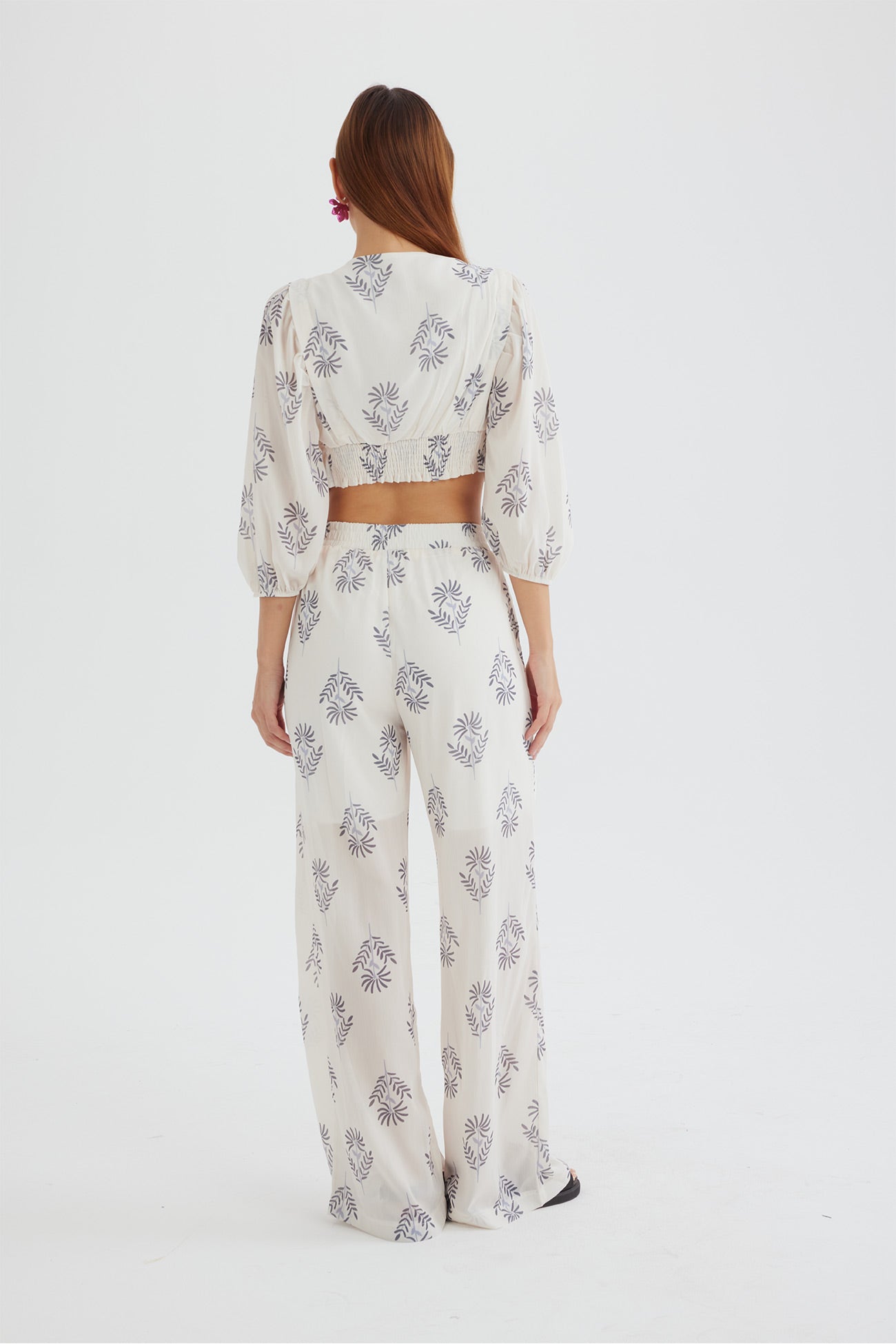 Maxct Floral Print Puff Sleeve Knotted-front Tops Long Pants Suits
