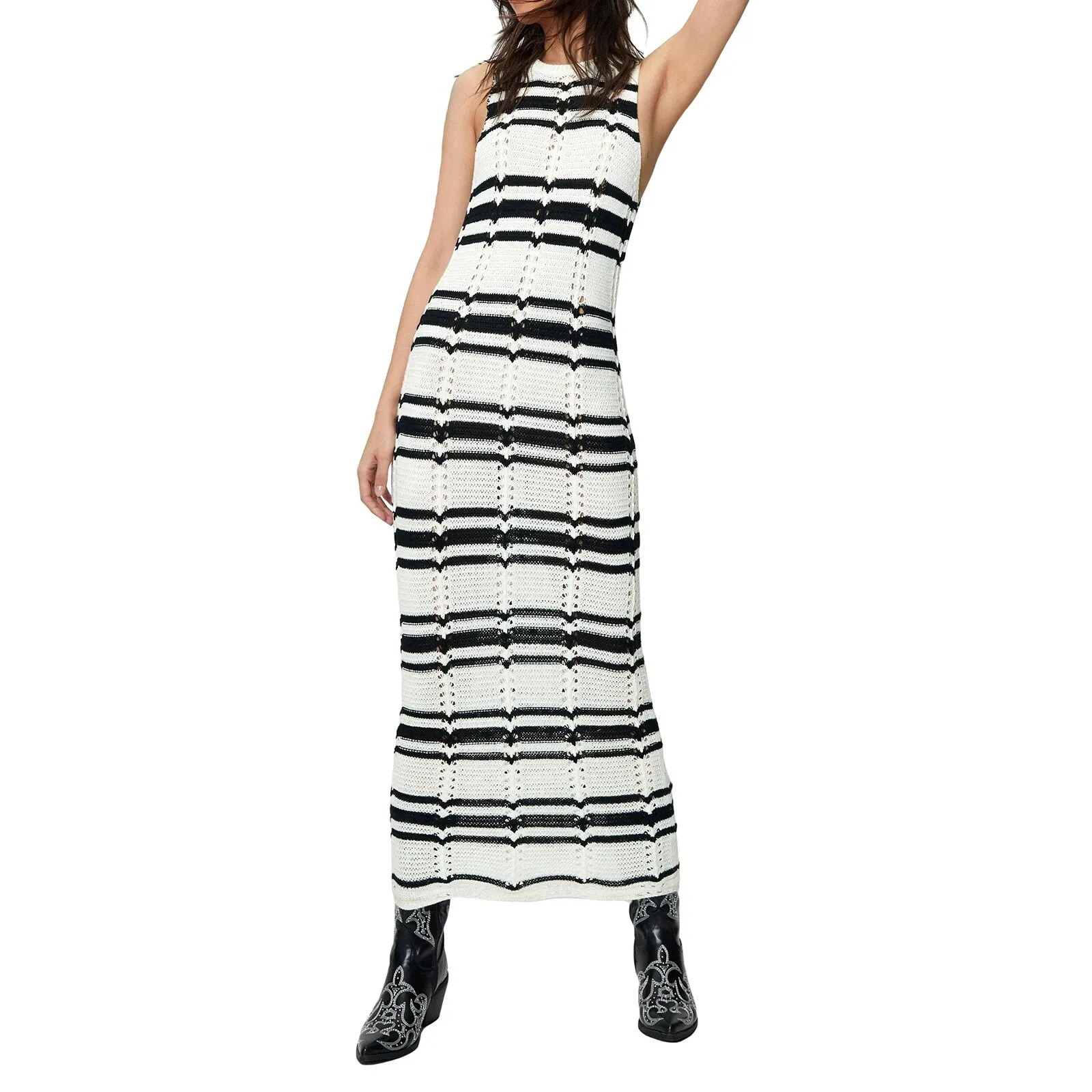 Maxct Women's Casual Long Dress O-Neck Sleeveless Contrast Color Striped Knitted Summer Slim Fit Holiday Beach Dresses