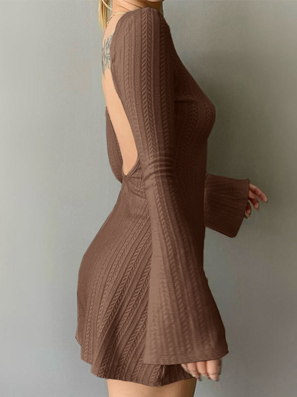 Backless Knitted Long Sleeve Mini Dress Maxct
