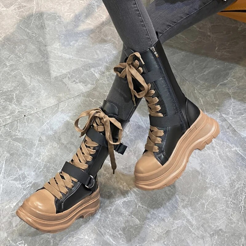 Platform Boots PU Leather Mid-Calf Combat for Women