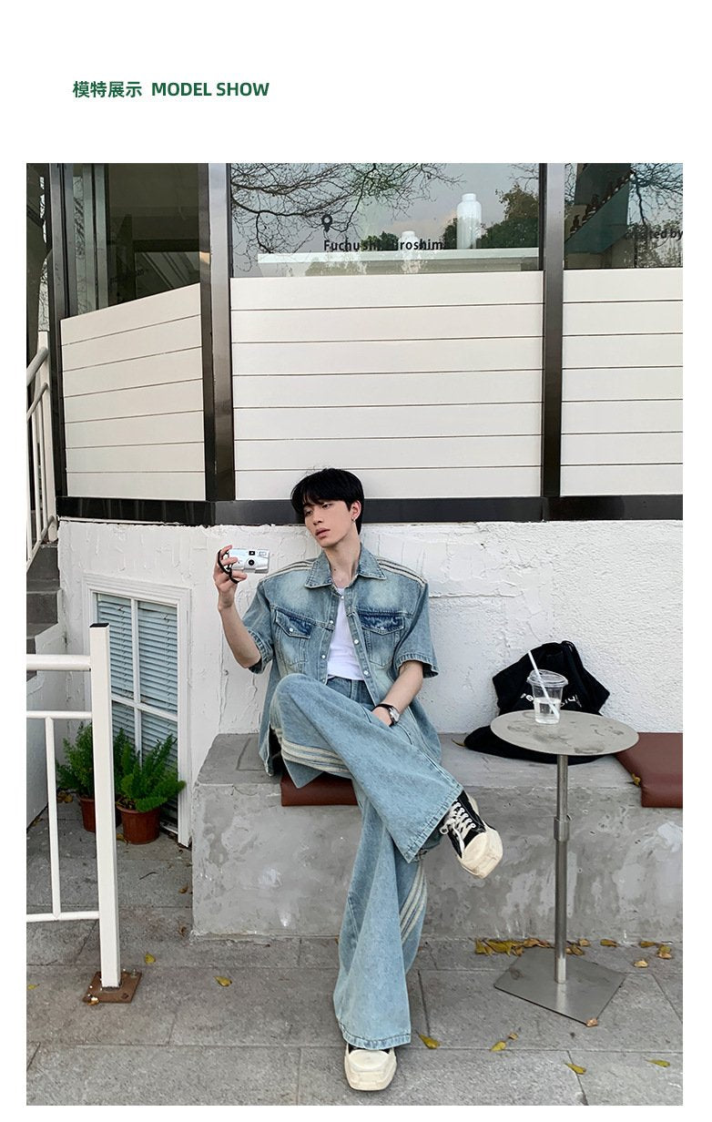 Maxct 90s Streetwear Niche Vintage Washed Padded Shoulder Short Sleeve Denim Shirt Spring And Summer New Korean Style Design Sense Shirt Coat Top - Image 6