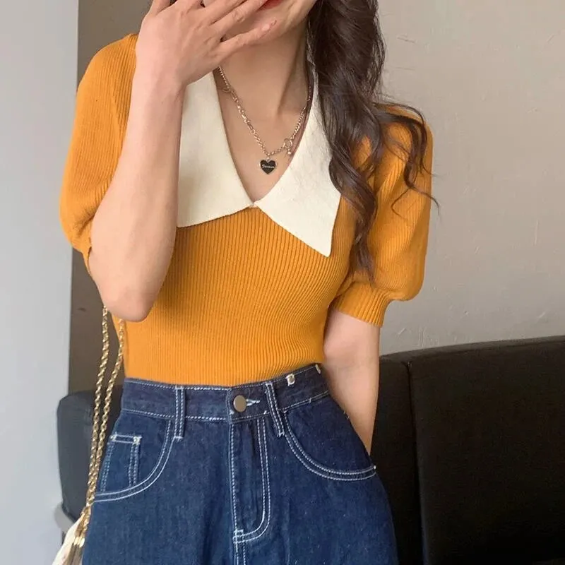 Maxct Vintage Knitted Pullover T Shirt Women Sweet Patchwork Puff Short Sleeve Tops Office Elegant Peter Pan Collar Slim Tees