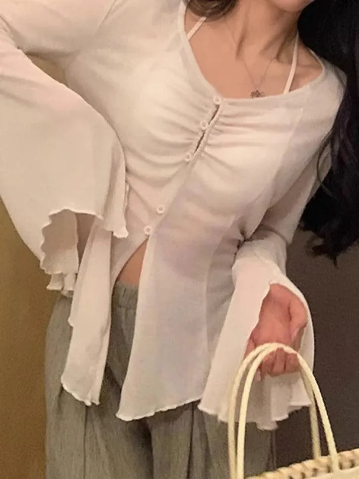Maxct V Neck Split Flare Sleeve Long Sleeve Blouse