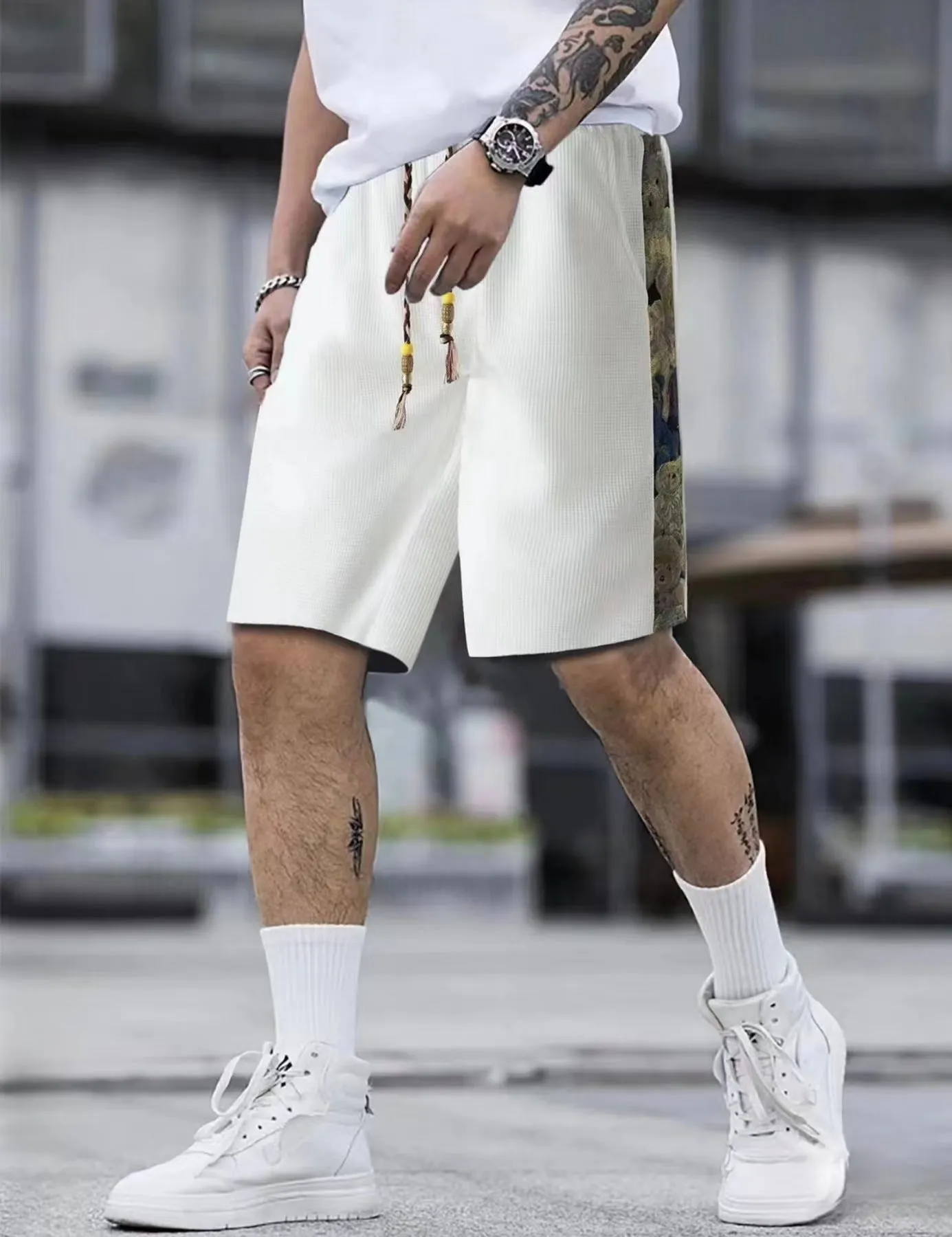 Maxct summer sweatpants boys loose and versatile outerwear sweatpants ins bear splicing five-point pants tide